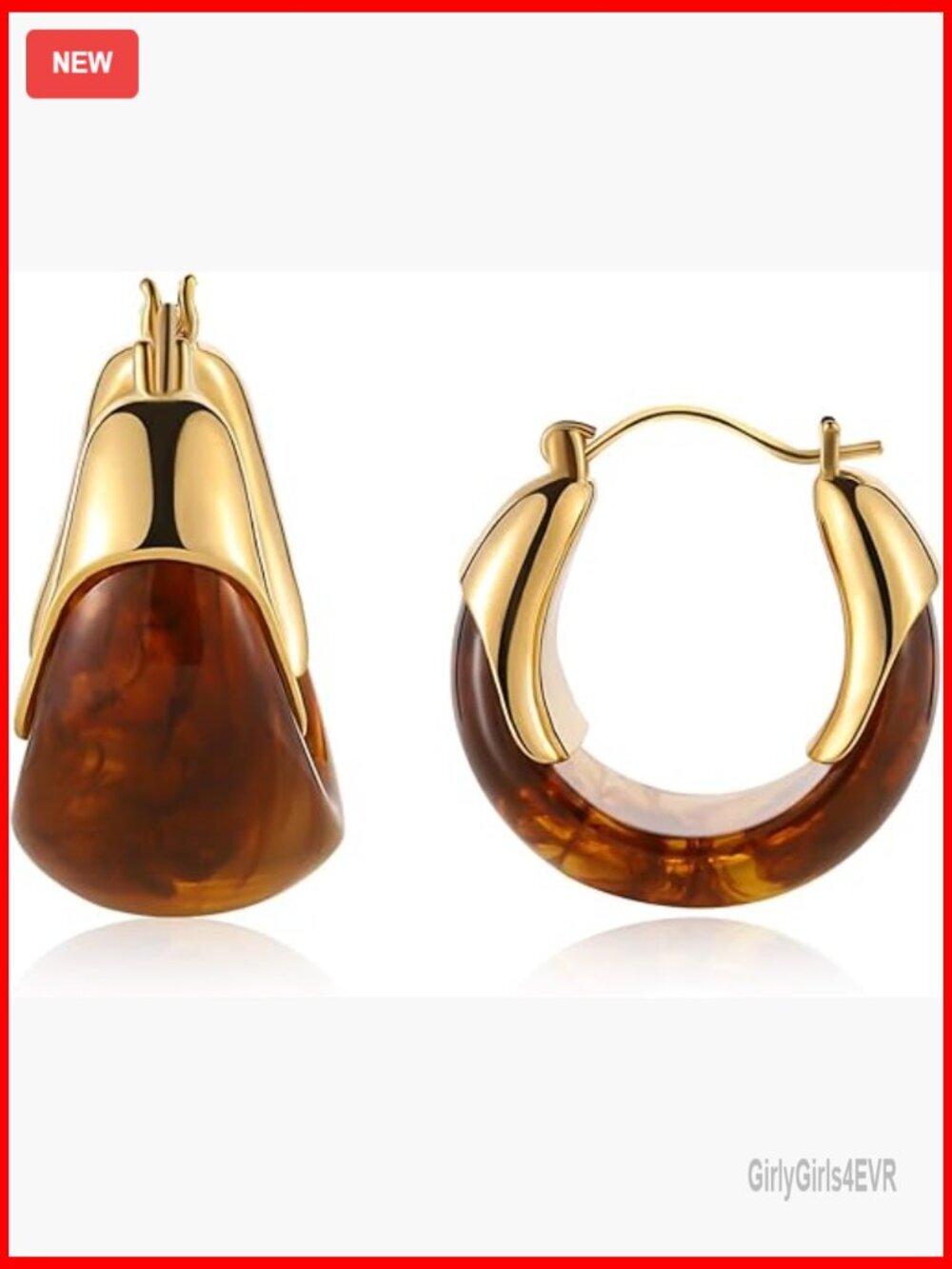14k Gold Plated Hoop Earrings with Amber Resin Inlay, Hypoallergenic